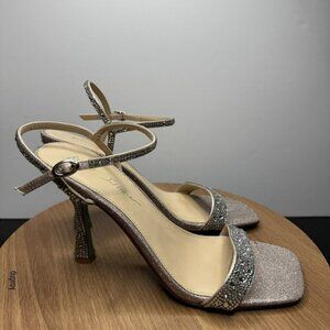 Betsey Johnson Flare Sparkly Rhinestone Square Toe Heels Silver Sandals Size 8.5